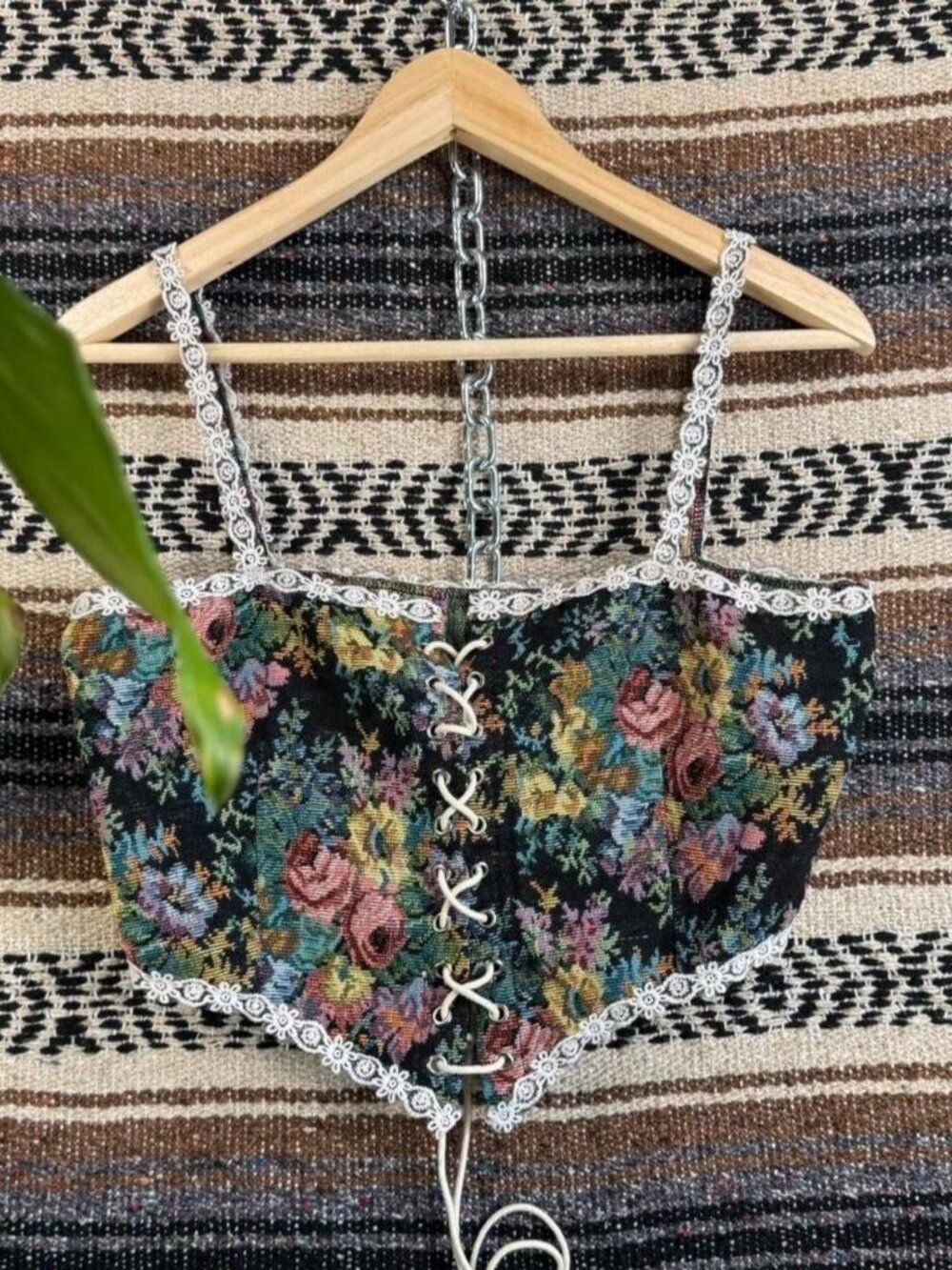 Cider Floral Tapestry Corset Top Medium M Multi-Color Lace Up Crochet Trim Used